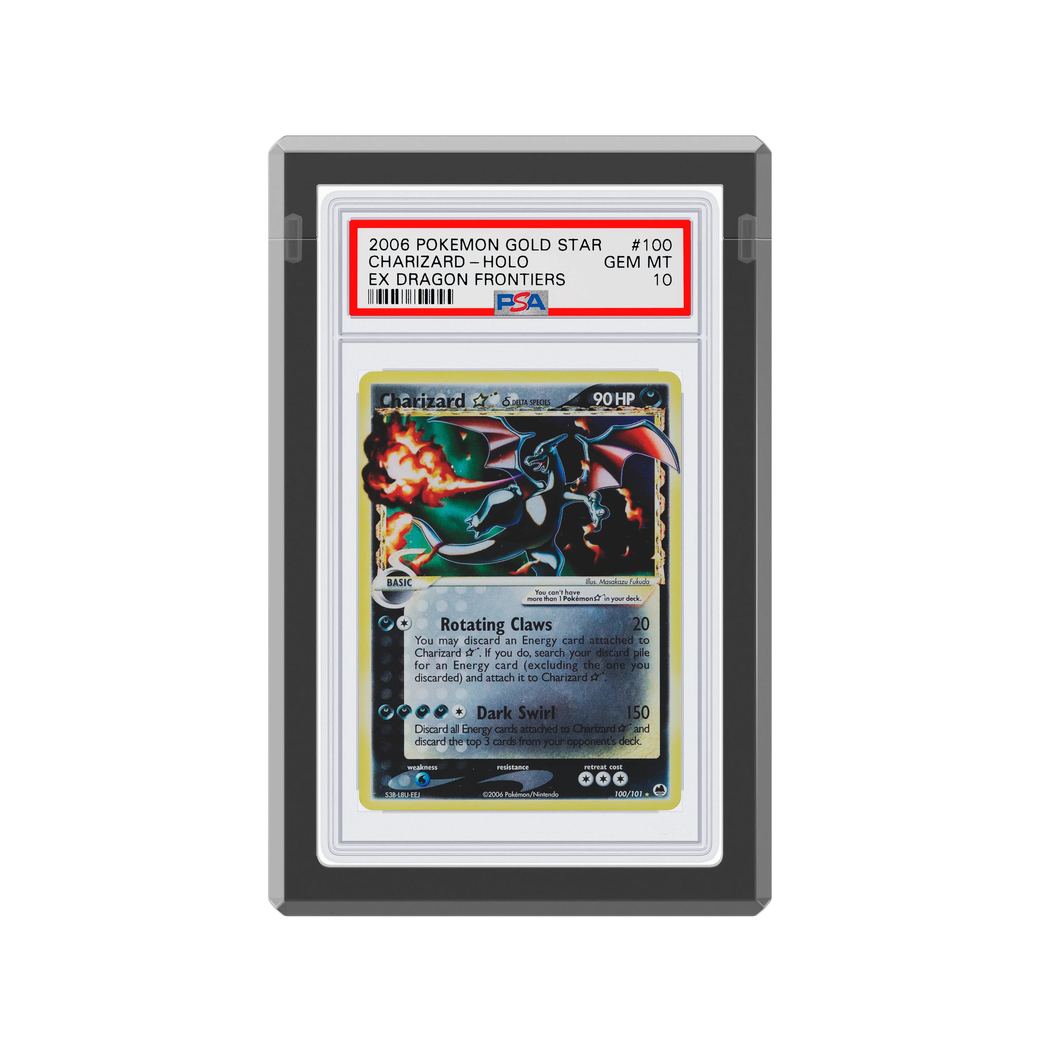 Front-facing view of the Dragonscale Wyrmgem Solid Onyx acrylic case, featuring a Charizard Gold Star Ex Dragon Frontiers PSA 10 Pokemon card.