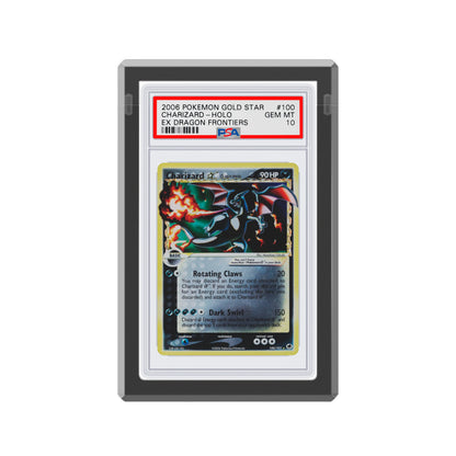 Front-facing view of the Dragonscale Wyrmgem Solid Onyx acrylic case, featuring a Charizard Gold Star Ex Dragon Frontiers PSA 10 Pokemon card.