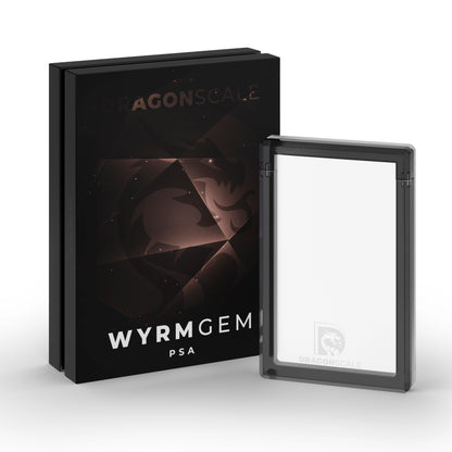 Front and back view of a Dragonscale Wyrmgem Solid Onyx acrylic case, featuring a Charizard Gold Star Ex Dragon Frontiers PSA 10 Pokemon card.