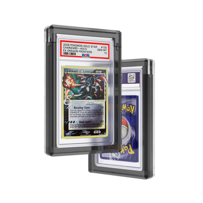 Front-facing view of the Dragonscale Wyrmgem Solid Onyx acrylic case, featuring a Charizard Gold Star Ex Dragon Frontiers PSA 10 Pokemon card.
