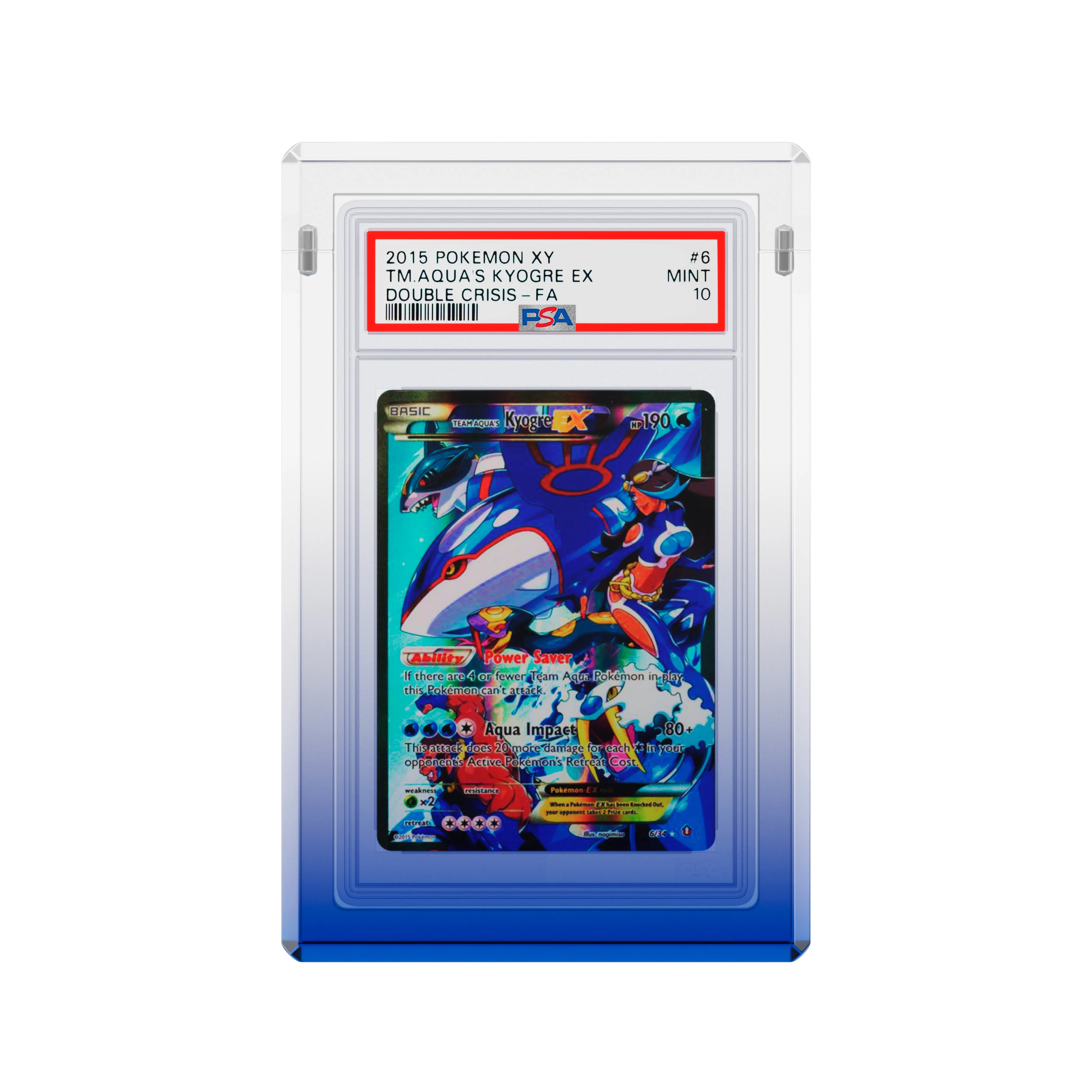 Front-facing view of the Dragonscale Wyrmgem Myst Sapphire acrylic case,  featuring a Team Aqua’s Kyogre EX Double Crisis PSA 10 Pokemon card.