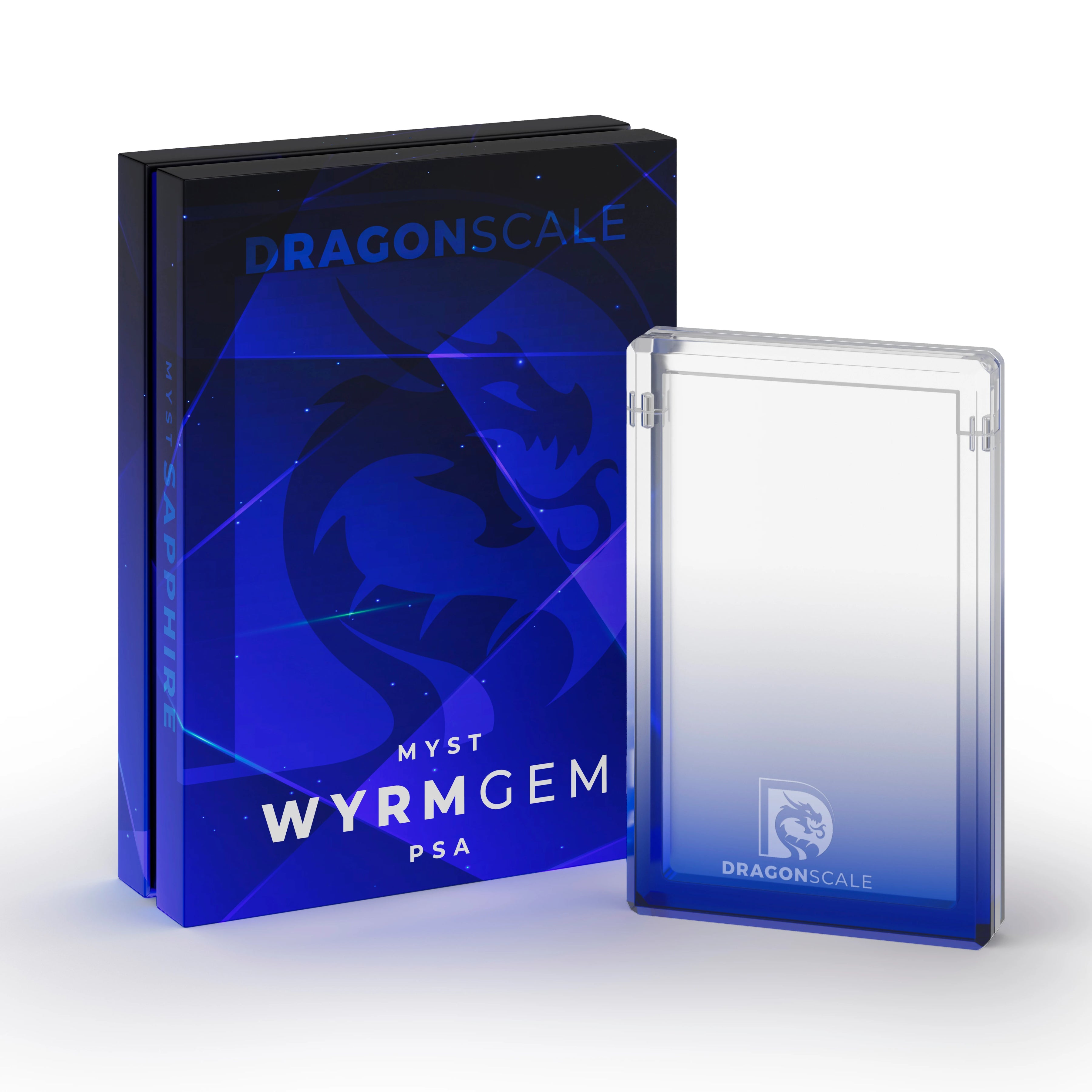 Demo view of the Dragonscale Wyrmgem Myst Sapphire acrylic case alongside its Dragonscale packaging box.