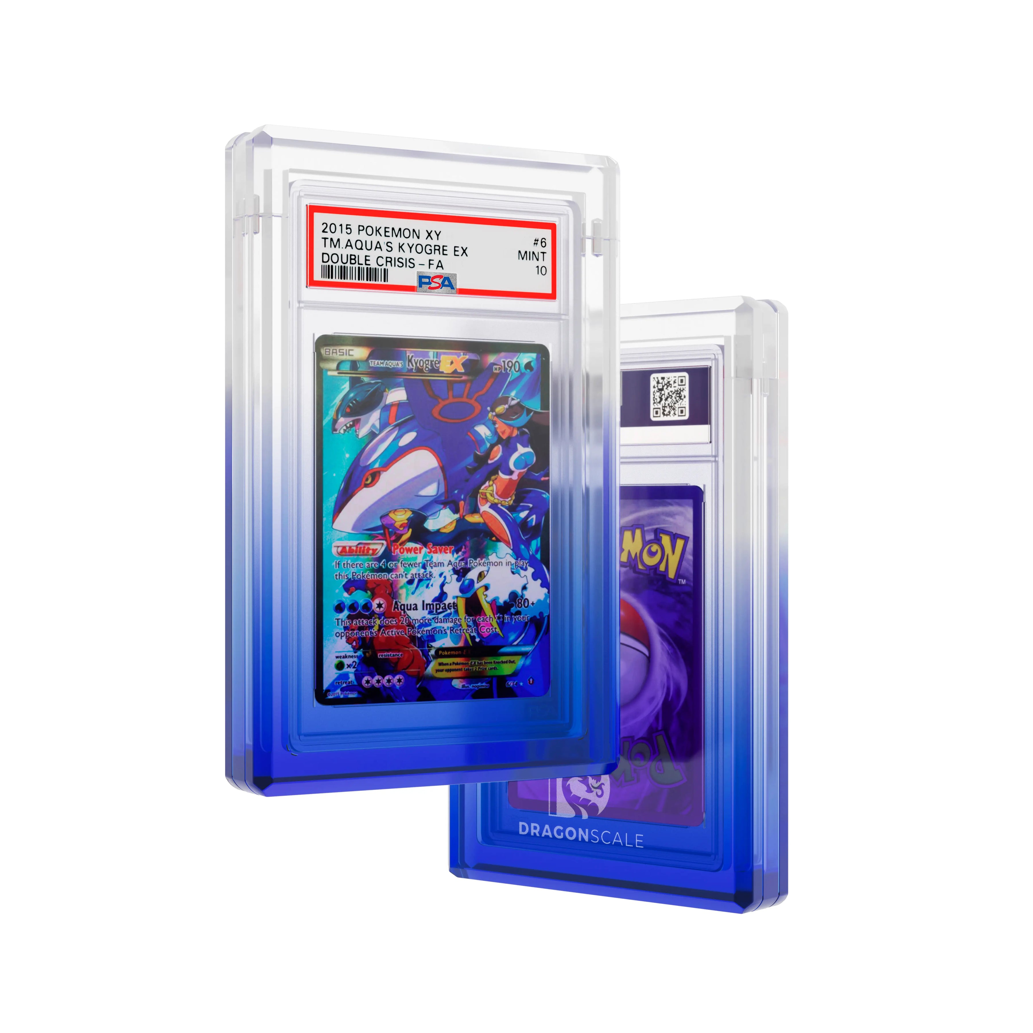 Front and back view of a Dragonscale Wyrmgem Myst Sapphire acrylic case, featuring a Team Aqua’s Kyogre EX Double Crisis PSA 10 Pokemon card.