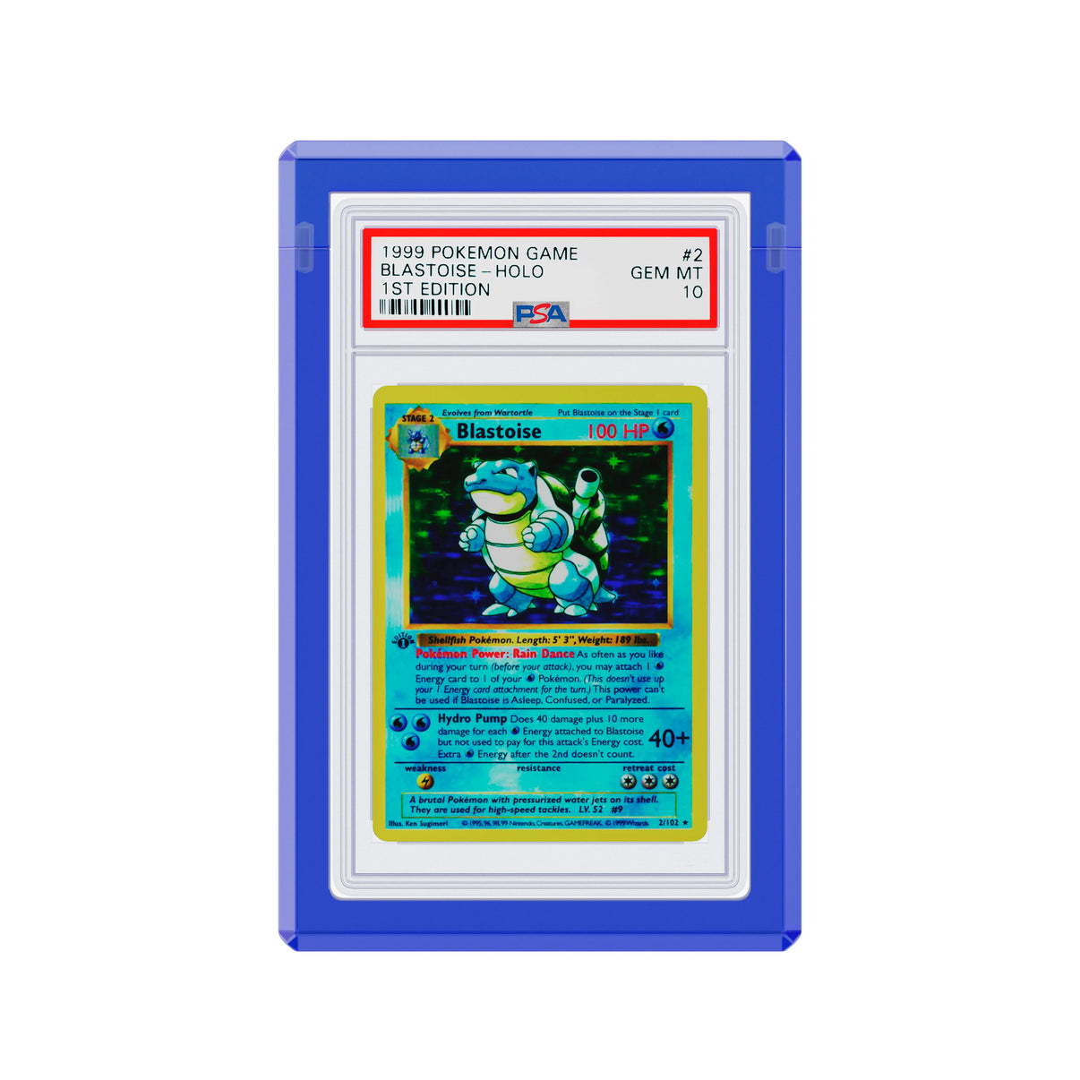 Angled display and demo view of the Dragonscale Wyrmgem Solid Sapphire acrylic case, highlighting the acrylic lid and secure magnetic locks featuring a Blastoise 1st Edition Base Set PSA 10 Pokemon card.