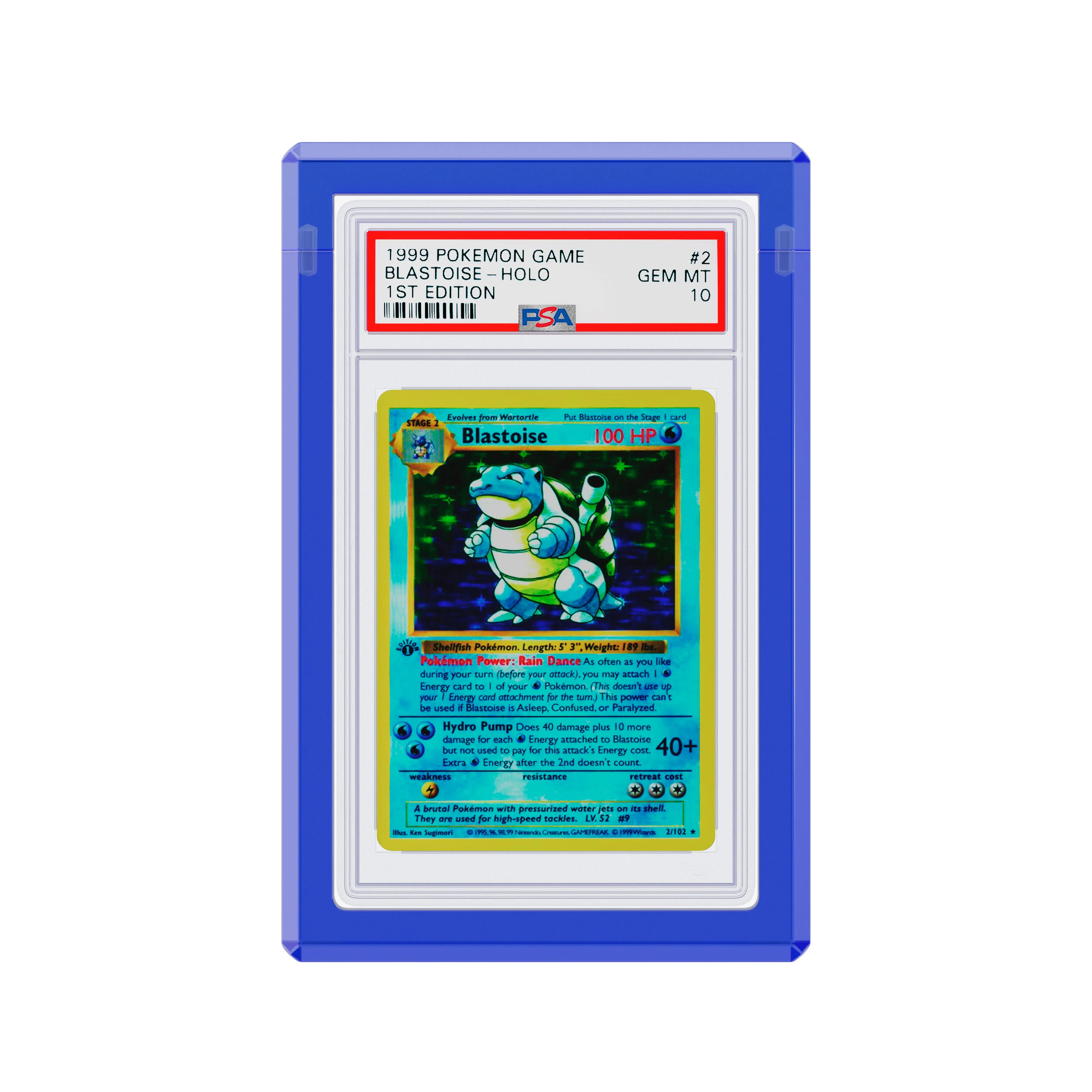 Angled display and demo view of the Dragonscale Wyrmgem Solid Sapphire acrylic case, highlighting the acrylic lid and secure magnetic locks featuring a Blastoise 1st Edition Base Set PSA 10 Pokemon card.