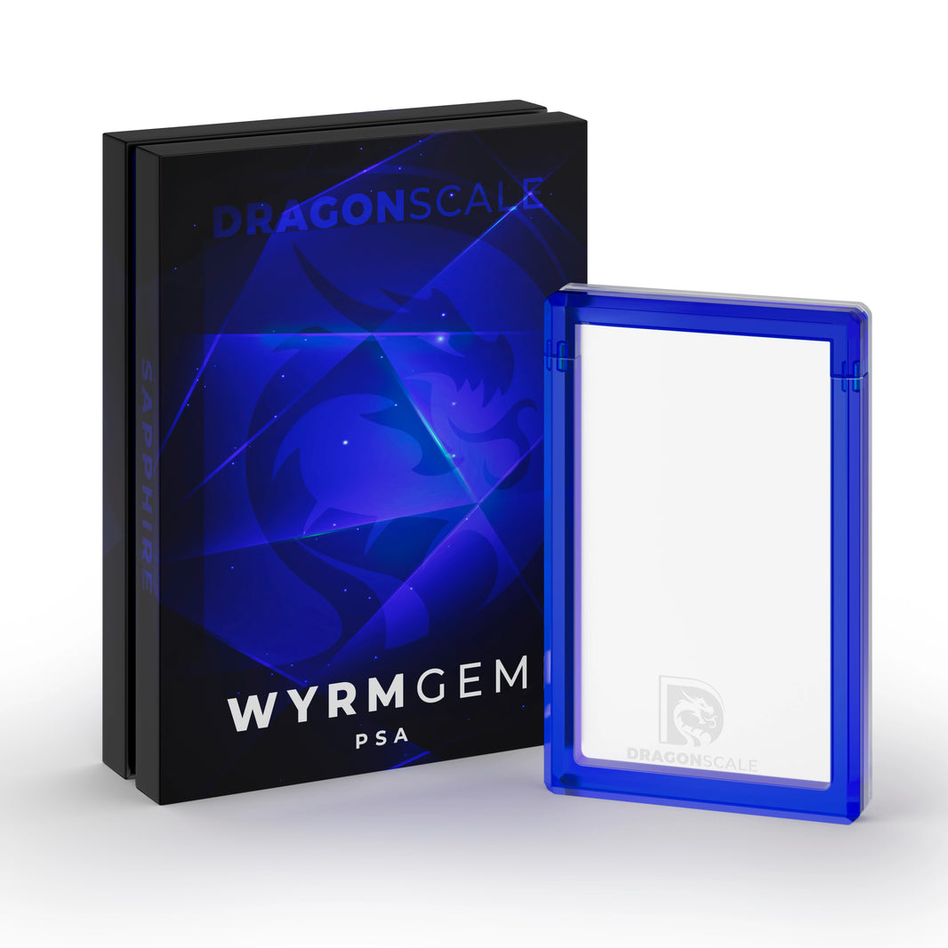 Demo view of the Dragonscale Wyrmgem Solid Sapphire acrylic case alongside its Dragonscale packaging box.