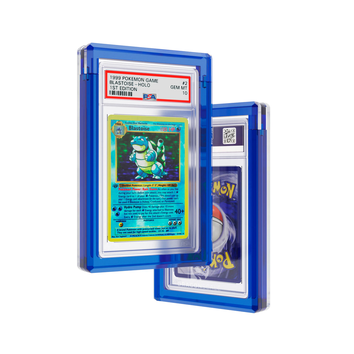 Front and back view of a Dragonscale Wyrmgem Solid Sapphire acrylic case, featuring a Blastoise 1st Edition Base Set PSA 10 Pokemon card.