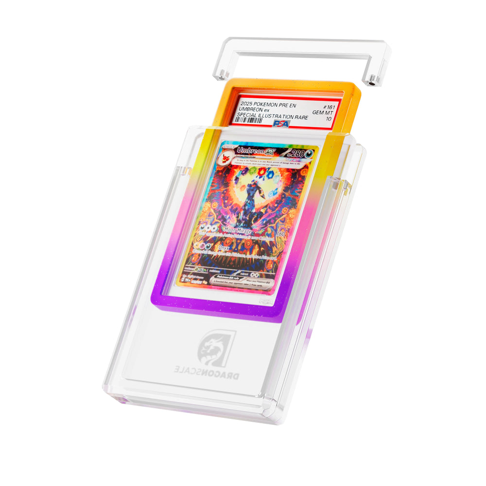 Wyrmgem Guard Clear Acrylic Case Featuring featuring a Umbreon Ex Prismatic Evolution PSA 10 Pokemon card slab with a bumper guard in mythic supernova - Dragonscale Supplies. 
