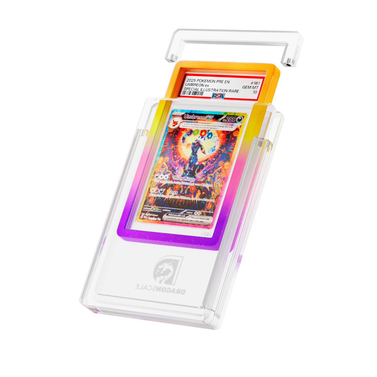 Wyrmgem Guard Clear Acrylic Case Featuring featuring a Umbreon Ex Prismatic Evolution PSA 10 Pokemon card slab with a bumper guard in mythic supernova - Dragonscale Supplies. 