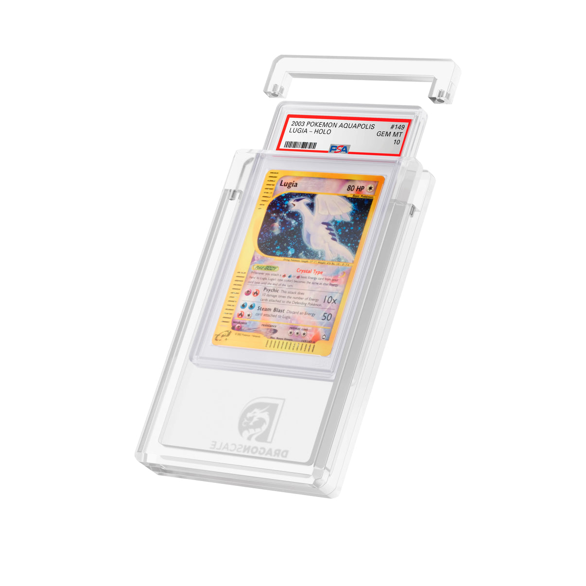Angled display and demo view of the Dragonscale Wyrmgem Solid Clear acrylic case, highlighting the acrylic lid and secure magnetic locks featuring a  Aquapolis Lugia Holo PSA 10 Pokemon card.