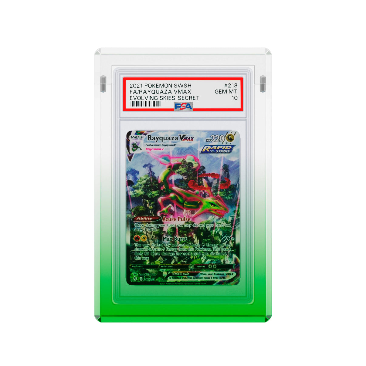 Front-facing view of the Dragonscale Wyrmgem Myst Emerald acrylic case,  featuring a Rayquaza VMAX Evolving Skies PSA 10 Pokemon card.