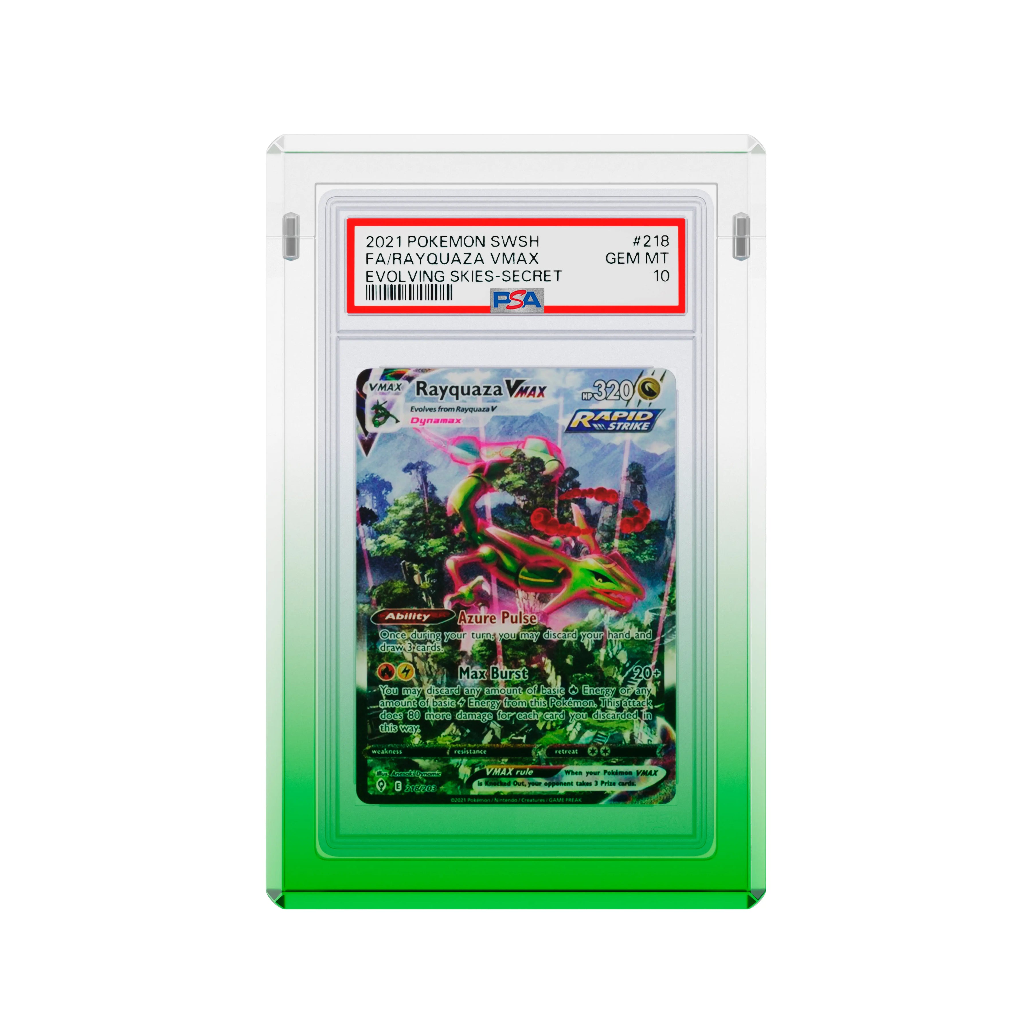 Front-facing view of the Dragonscale Wyrmgem Myst Emerald acrylic case,  featuring a Rayquaza VMAX Evolving Skies PSA 10 Pokemon card.