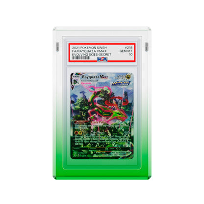 Front-facing view of the Dragonscale Wyrmgem Myst Emerald acrylic case,  featuring a Rayquaza VMAX Evolving Skies PSA 10 Pokemon card.