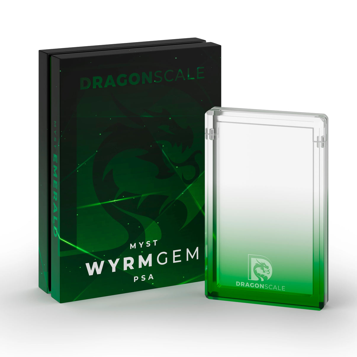 Demo view of the Dragonscale Wyrmgem Myst Emerald acrylic case alongside its Dragonscale packaging box.
