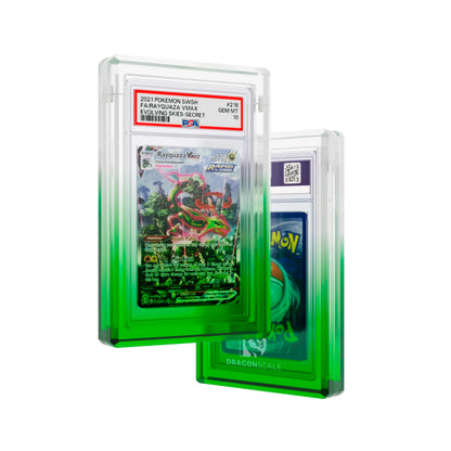 Front and back view of a Dragonscale Wyrmgem Myst Emerald acrylic case, featuring a Rayquaza VMAX Evolving Skies PSA 10 Pokemon card.