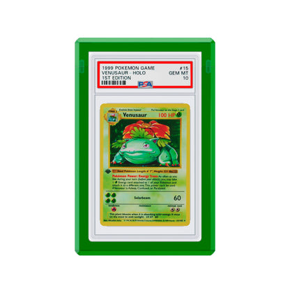 Front-facing view of the Dragonscale Wyrmgem Solid Emerald acrylic case,  featuring a Venusaur 1st Edition Base Set PSA 10 Pokemon card.