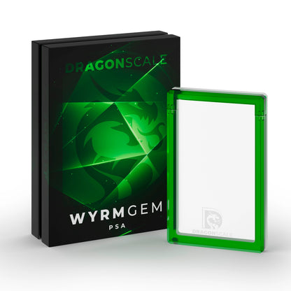 Demo view of the Dragonscale Wyrmgem Solid Emerald acrylic case alongside its Dragonscale packaging box.