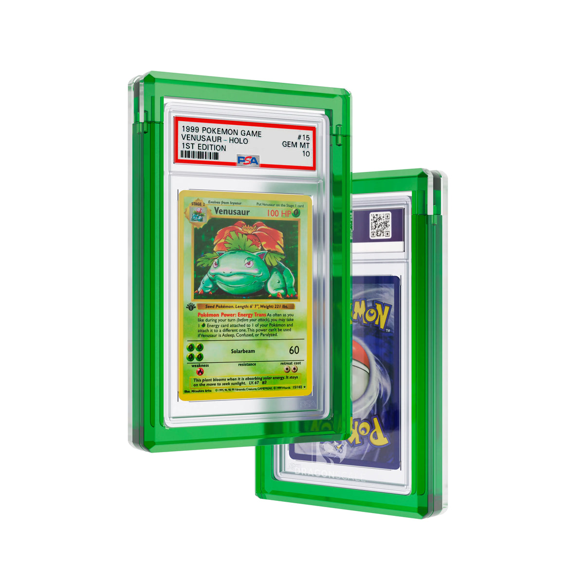 Front and back view of a Dragonscale Wyrmgem Solid Emerald acrylic case, featuring a Venusaur 1st Edition Base Set PSA 10 Pokemon card.