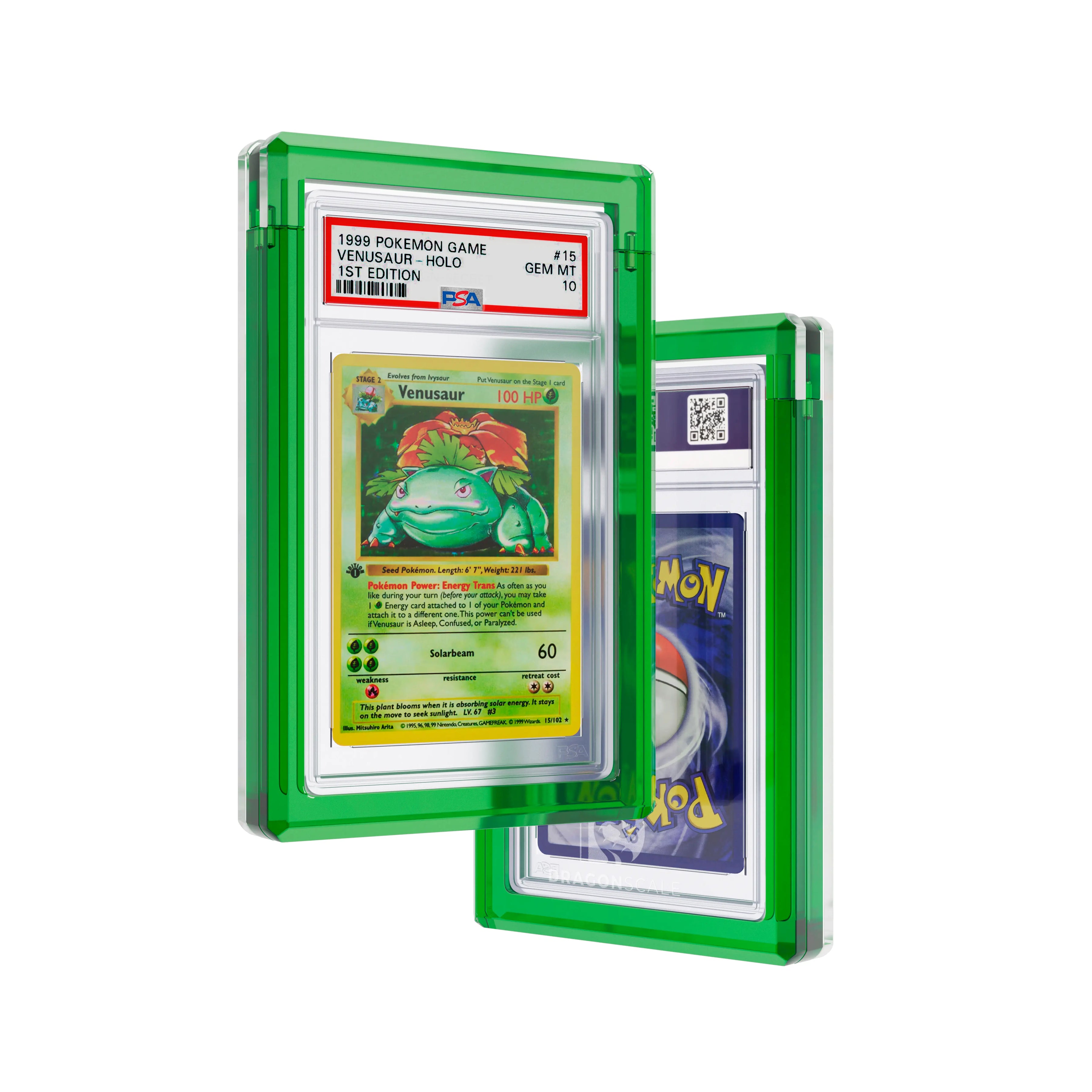 Front and back view of a Dragonscale Wyrmgem Solid Emerald acrylic case, featuring a Venusaur 1st Edition Base Set PSA 10 Pokemon card.