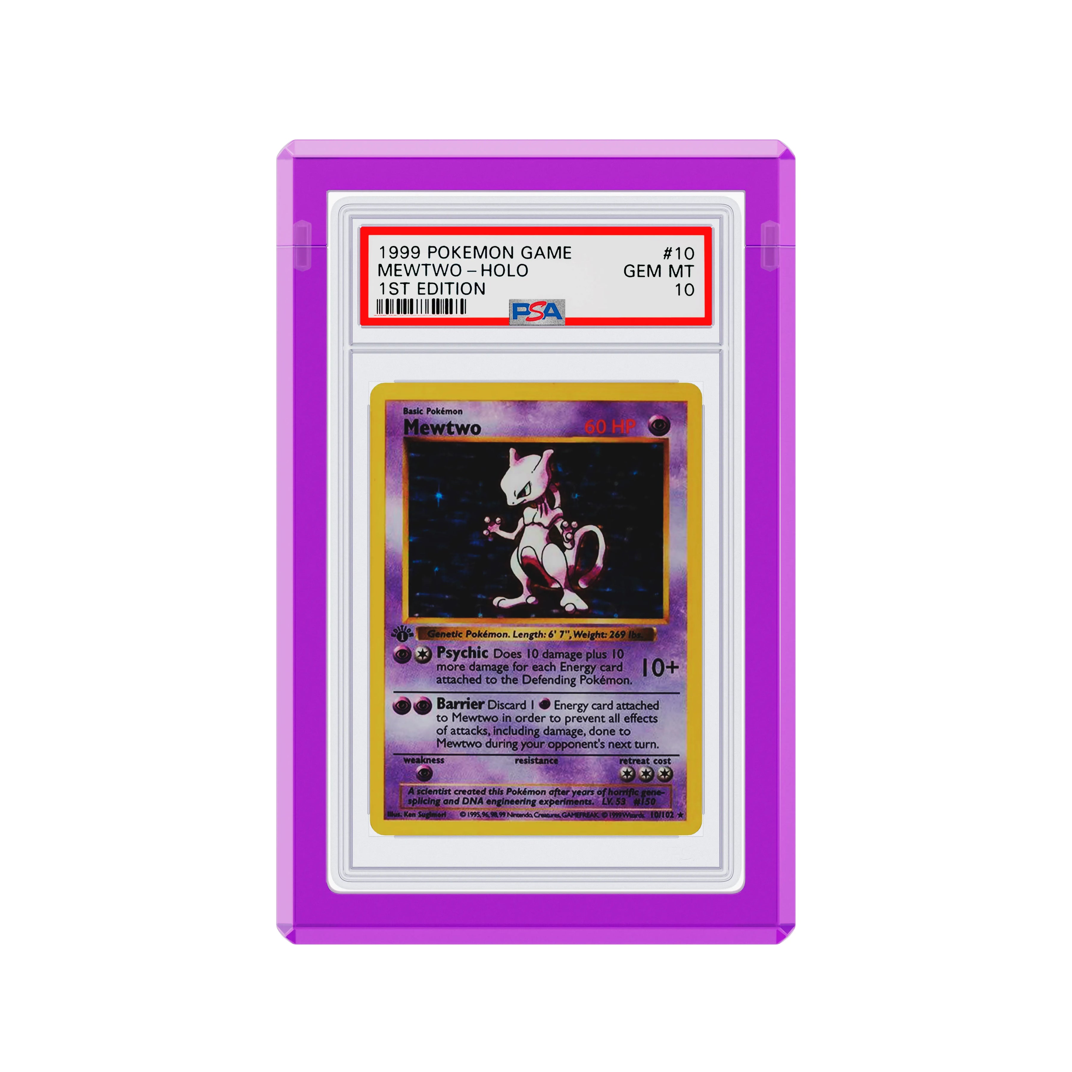 Front-facing view of the Dragonscale Wyrmgem Solid Amethyst acrylic case, featuring a Mewtwo 1st Edition Base Set PSA 10 Pokemon card.