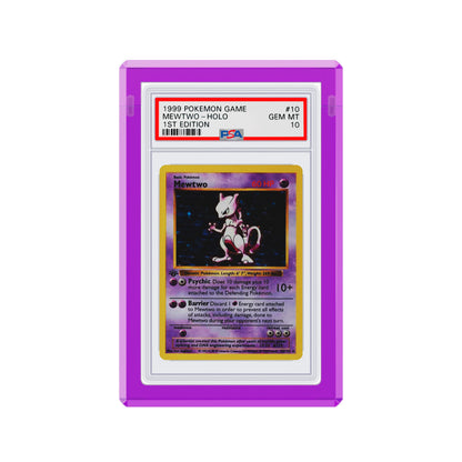 Front-facing view of the Dragonscale Wyrmgem Solid Amethyst acrylic case, featuring a Mewtwo 1st Edition Base Set PSA 10 Pokemon card.
