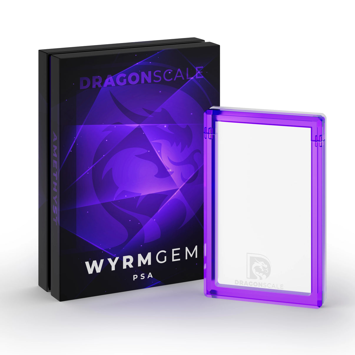Demo view of the Dragonscale Wyrmgem Solid Amethyst acrylic case alongside its Dragonscale packaging box.
