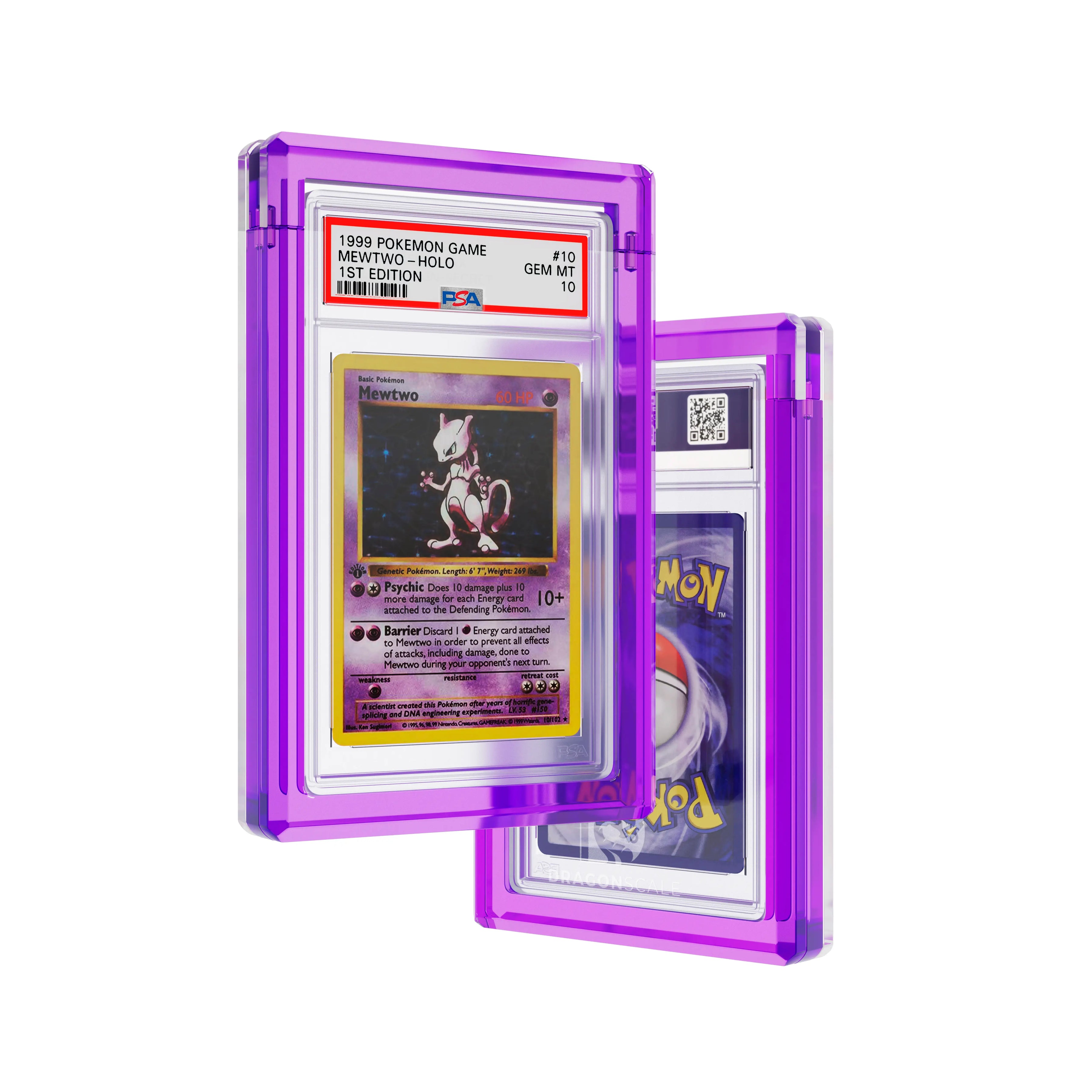Front and back view of a Dragonscale Wyrmgem Solid Amethyst acrylic case, featuring a Mewtwo 1st Edition Base Set PSA 10 Pokemon card.