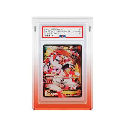 Front-facing view of the Dragonscale Wyrmgem Myst Ruby acrylic case,  featuring a Team Magmas Groudon Ex PSA 10 Pokemon card.
