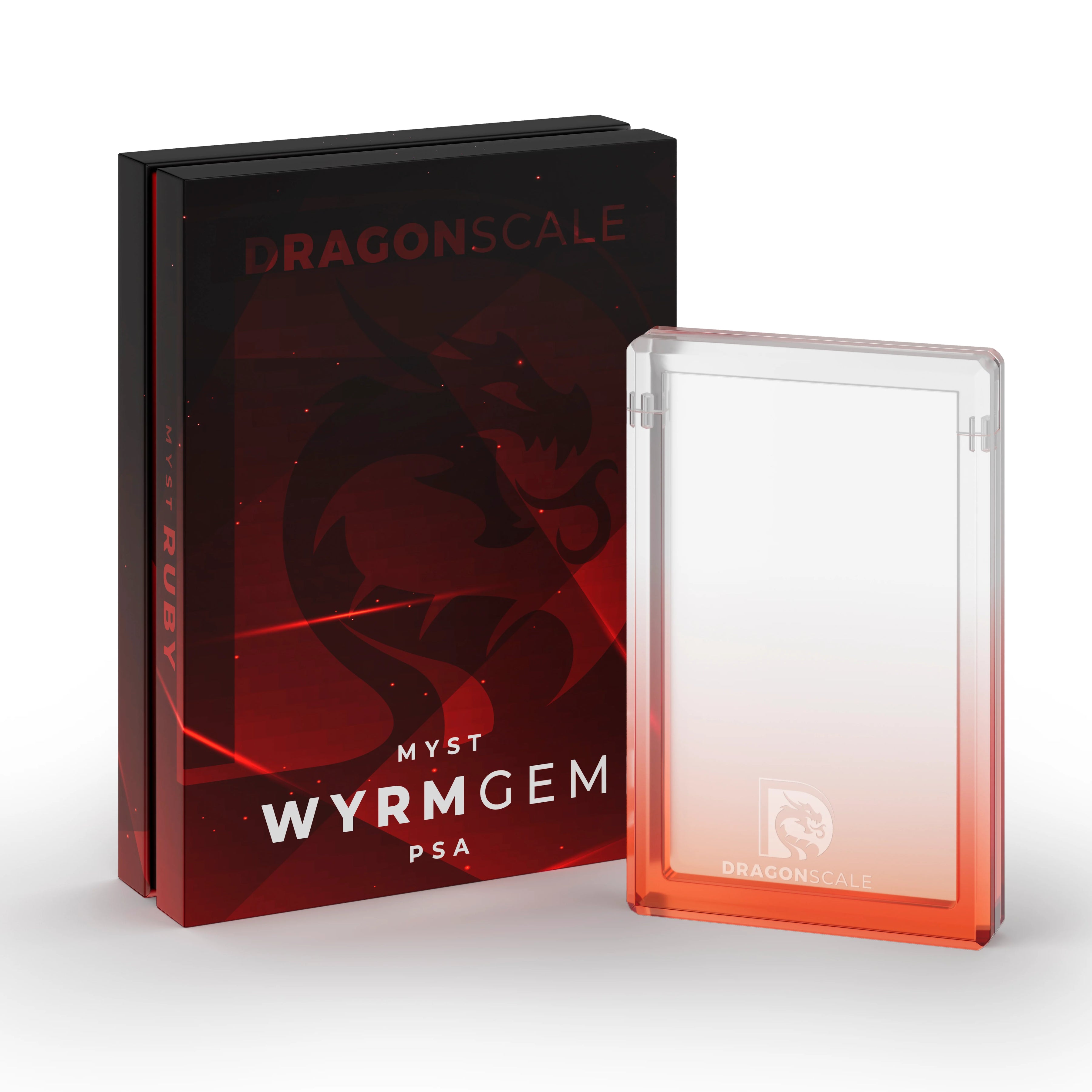 Demo view of the Dragonscale Wyrmgem Myst Ruby acrylic case alongside its Dragonscale packaging box.