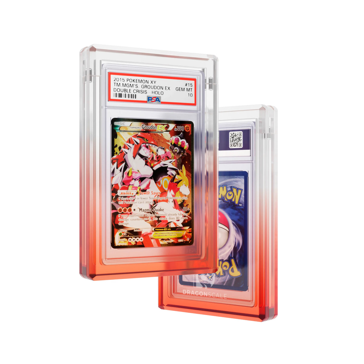 Front and back view of a Dragonscale Wyrmgem Myst Ruby acrylic case, featuring a Team Magmas Groudon Ex PSA 10 Pokemon card.