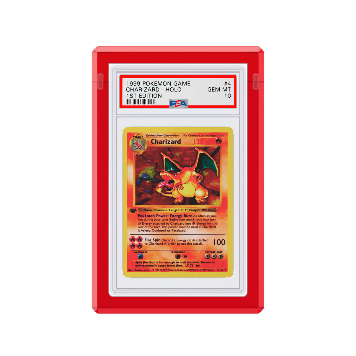 Front-facing view of the Dragonscale Wyrmgem Solid Ruby acrylic case,  featuring a Charizard 1st Edition Base Set PSA 10 Pokemon card.