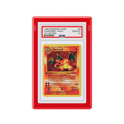 Front-facing view of the Dragonscale Wyrmgem Solid Ruby acrylic case,  featuring a Charizard 1st Edition Base Set PSA 10 Pokemon card.
