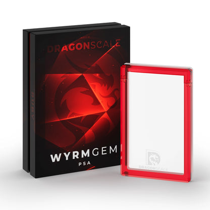 Demo view of the Dragonscale Wyrmgem Solid Ruby acrylic case alongside its Dragonscale packaging box.