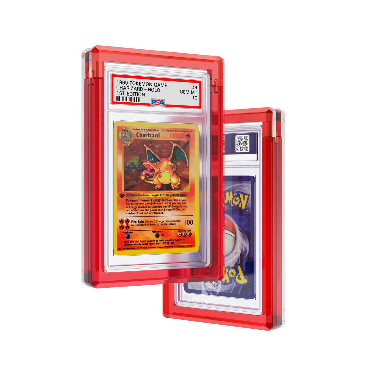 Front and back view of a Dragonscale Wyrmgem Solid Ruby acrylic case, featuring a Charizard 1st Edition Base Set PSA 10 Pokemon card.