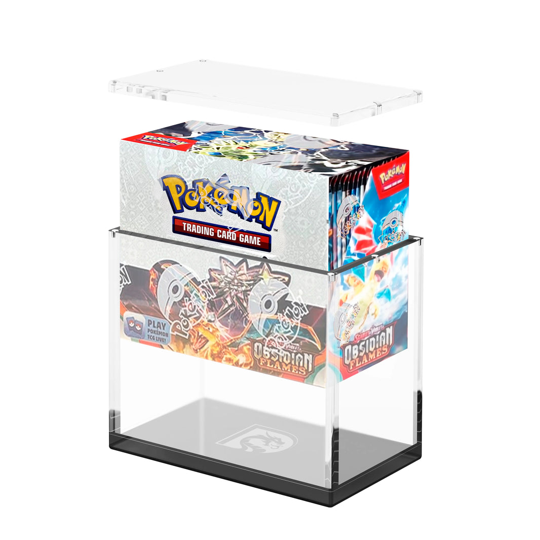 Demo view of the Dragonscale WyrmPrism AB140 Black Onyx acrylic case, holding a Pokémon Obsidian Flames Booster Box inside the case.
