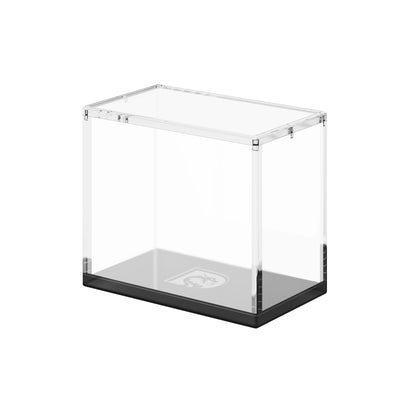 Angled display view of the Dragonscale WyrmPrism AB140 Black Onyx acrylic case, showing its clear acrylic walls and black base.