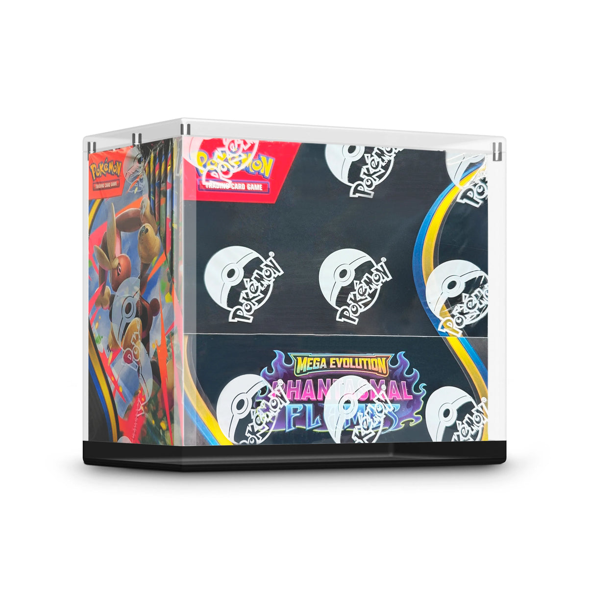Angled view of the Dragonscale WyrmPrism AB140 Black Onyx acrylic case, holding a  Pokémon Mega Evolution – Phantasmal Flames booster box inside the enclosed case.