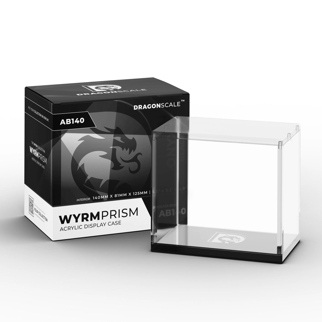 Product packaging view of the Dragonscale WyrmPrism AB140 Black Onyx acrylic case alongside its Dragonscale packaging box.