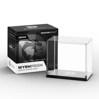 Product packaging view of the Dragonscale WyrmPrism AB140 Black Onyx acrylic case alongside its Dragonscale packaging box.