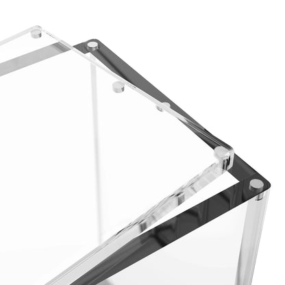 Close-up corner view of the Dragonscale WyrmPrism AB140 Black Onyx acrylic case, highlighting the acrylic lid and secure magnetic locks.