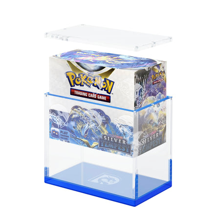 Demo view of the Dragonscale WyrmPrism AB140 Blue Sapphire acrylic case, holding a Pokémon Silver Tempest Booster Box inside the case.
