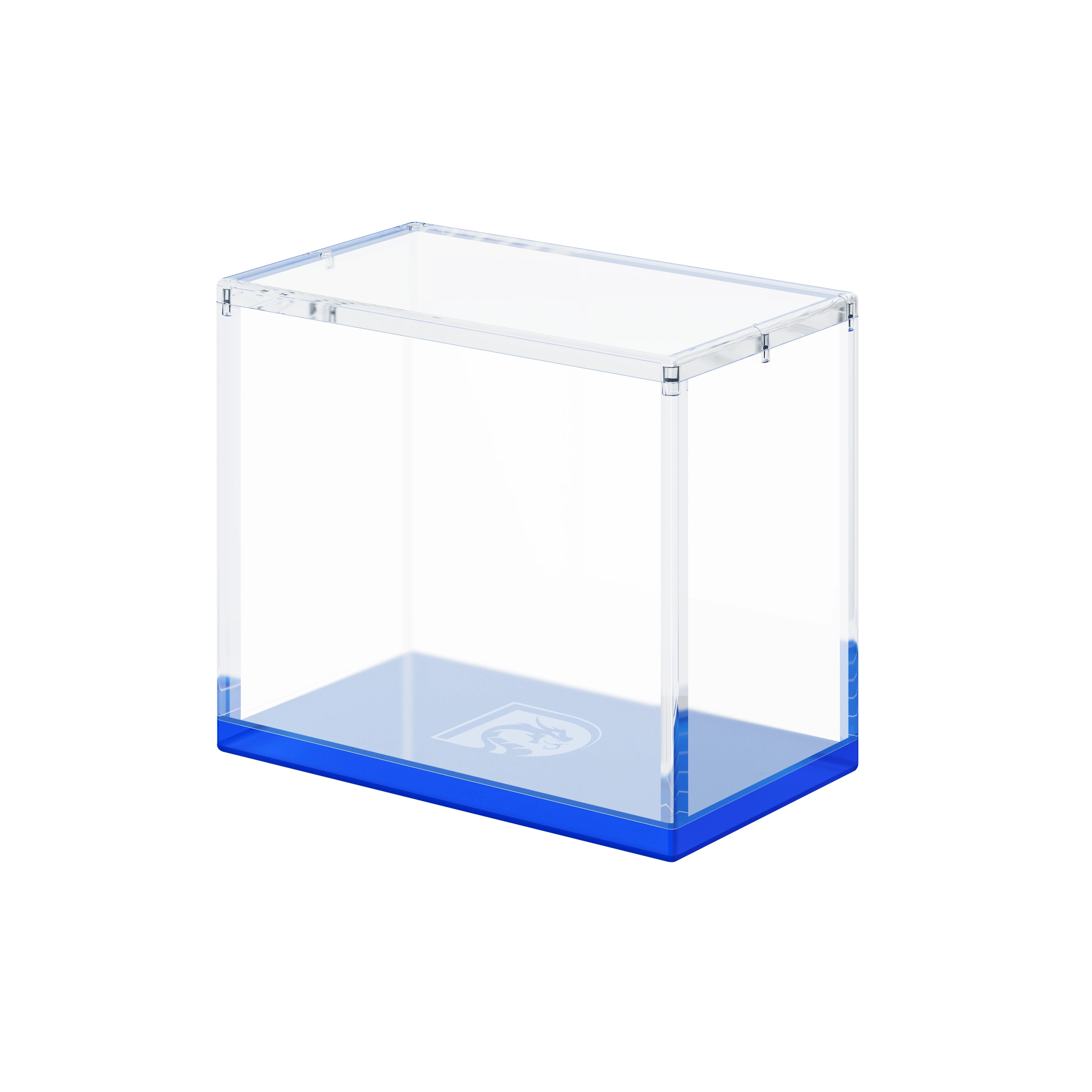 Angled display view of the Dragonscale WyrmPrism AB140 Blue Sapphire acrylic case, showing its clear acrylic walls and blue base.