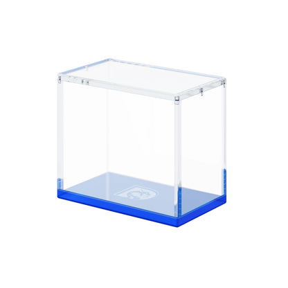 Angled display view of the Dragonscale WyrmPrism AB140 Blue Sapphire acrylic case, showing its clear acrylic walls and blue base.