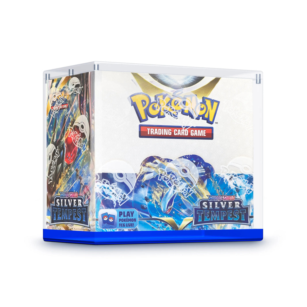 Angled view of the Dragonscale WyrmPrism AB140 Blue Sapphire acrylic case, holding a Pokémon Sword & Shield—Silver Tempest booster box inside the enclosed case.
