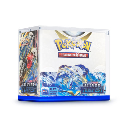 Angled view of the Dragonscale WyrmPrism AB140 Blue Sapphire acrylic case, holding a Pokémon Sword & Shield—Silver Tempest booster box inside the enclosed case.
