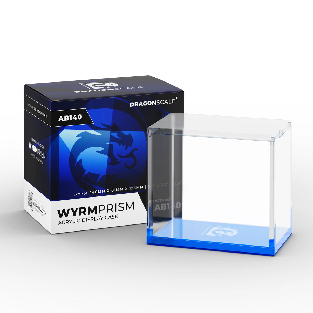 Product packaging view of the Dragonscale WyrmPrism AB140 Blue Sapphire acrylic case alongside its Dragonscale packaging box.