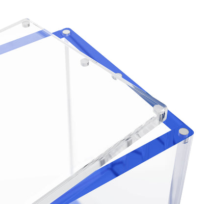 Close-up corner view of the Dragonscale WyrmPrism AB140 Blue Sapphire acrylic case, highlighting the acrylic lid and secure magnetic locks.