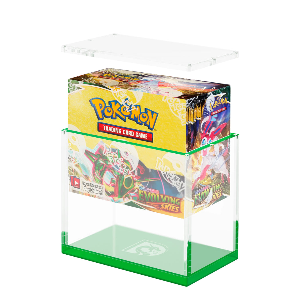 Demo view of the Dragonscale WyrmPrism AB140 Green Emerald acrylic case, holding a Pokémon Evolving Skies Booster Box inside the case.