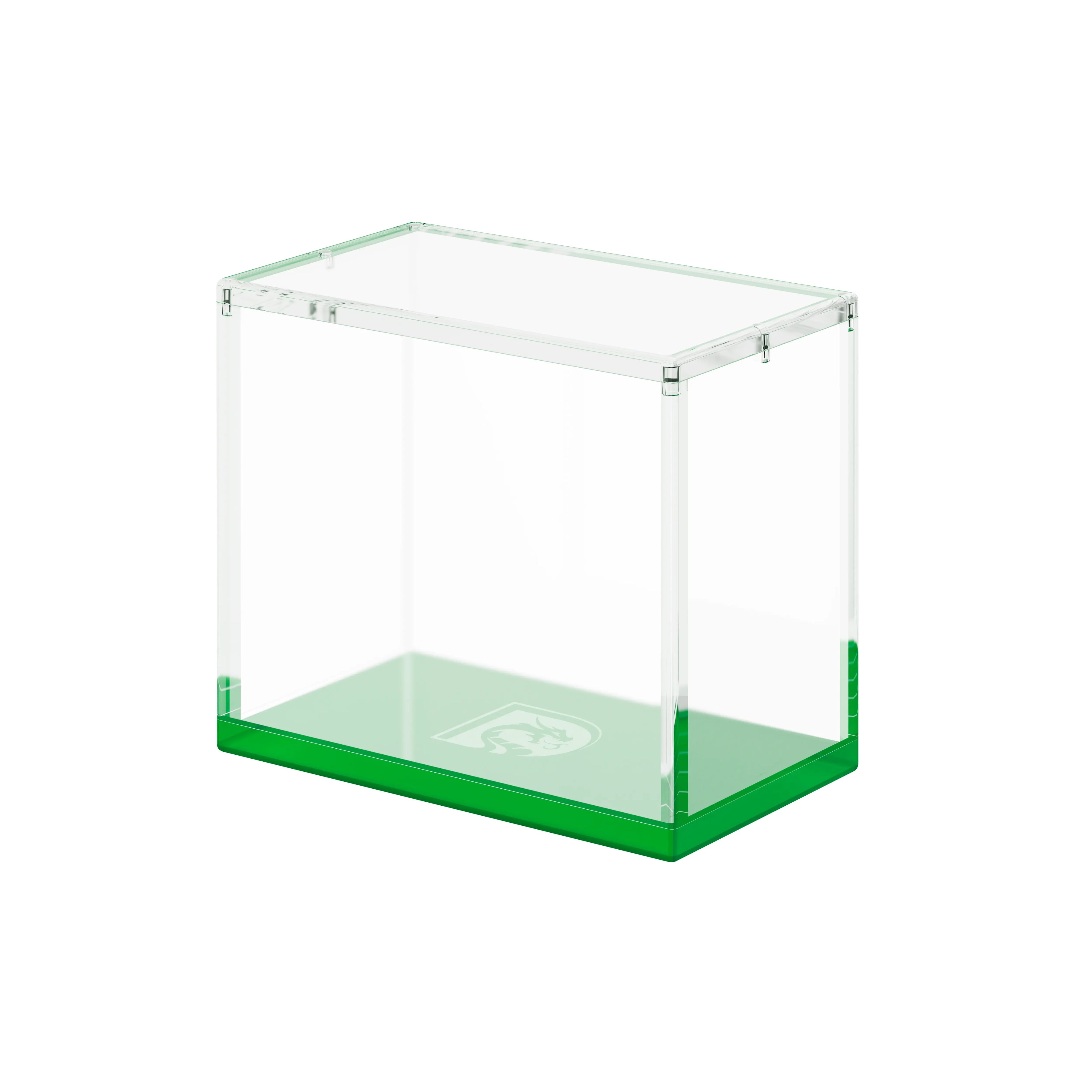 Angled display view of the Dragonscale WyrmPrism AB140 Green Emerald acrylic case, showing its clear acrylic walls and green base.