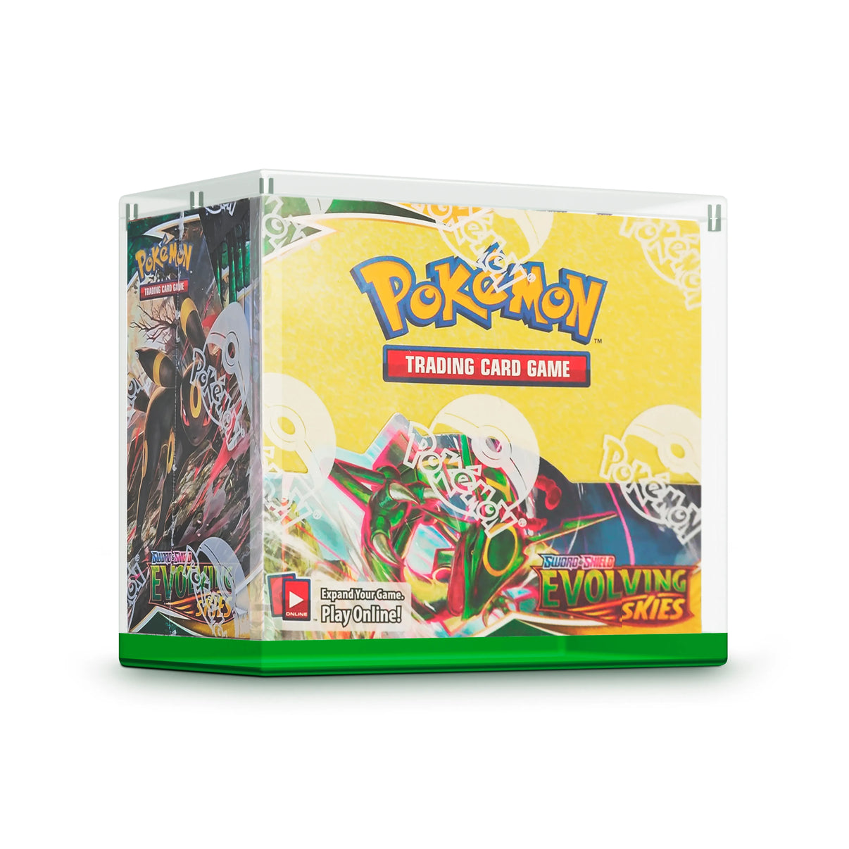 Angled view of the Dragonscale WyrmPrism AB140 Green Emerald acrylic case, holding a Pokémon  Sword & Shield—Evolving Skies booster box inside the enclosed case.